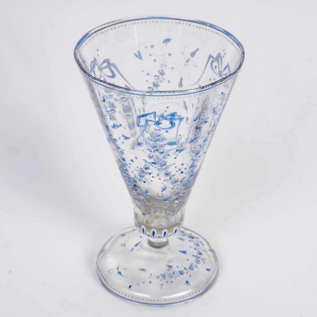 Emile Gallé – Vase Cornet Verre Emaillé Bleu Et Blanc Libellules Et Fleurs 6