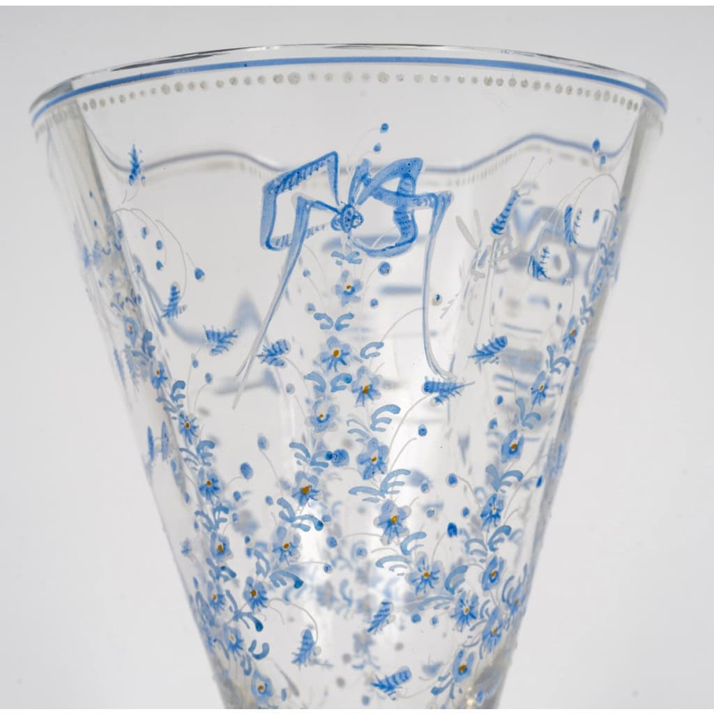 Emile Gallé – Vase Cornet Verre Emaillé Bleu Et Blanc Libellules Et Fleurs 7