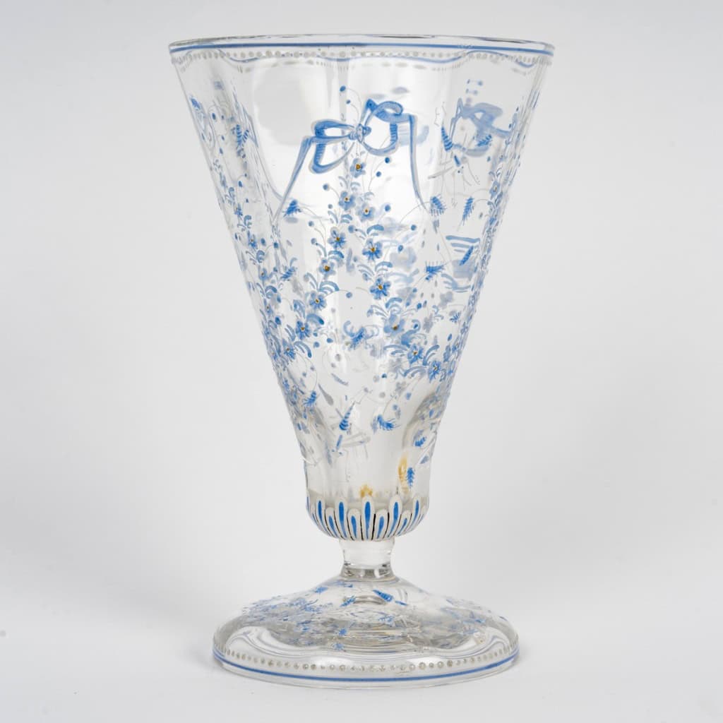 Emile Gallé – Vase Cornet Verre Emaillé Bleu Et Blanc Libellules Et Fleurs 4