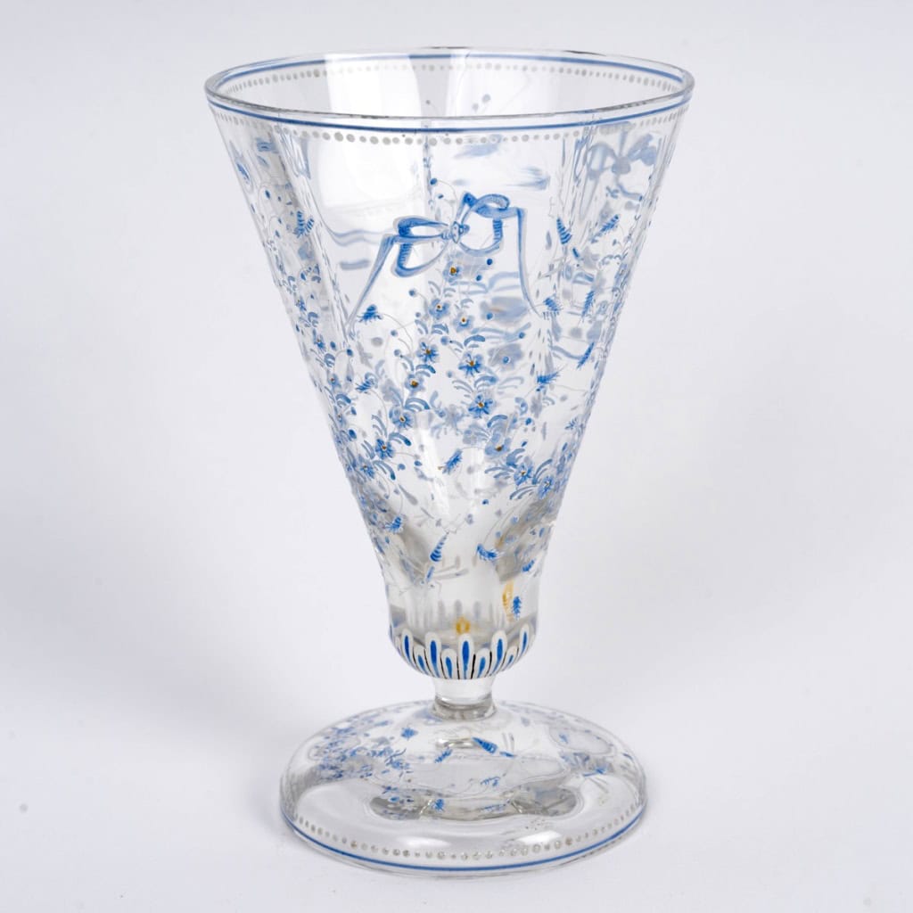 Emile Gallé – Vase Cornet Verre Emaillé Bleu Et Blanc Libellules Et Fleurs 5