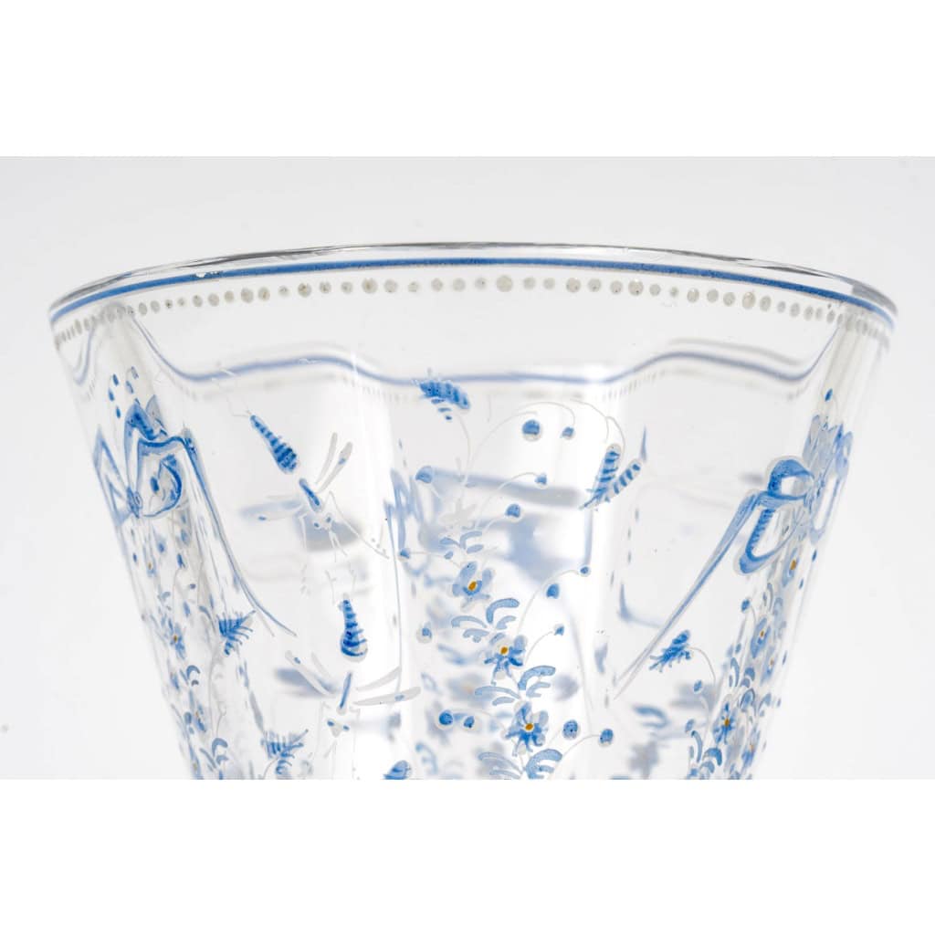 Emile Gallé – Vase Cornet Verre Emaillé Bleu Et Blanc Libellules Et Fleurs 8