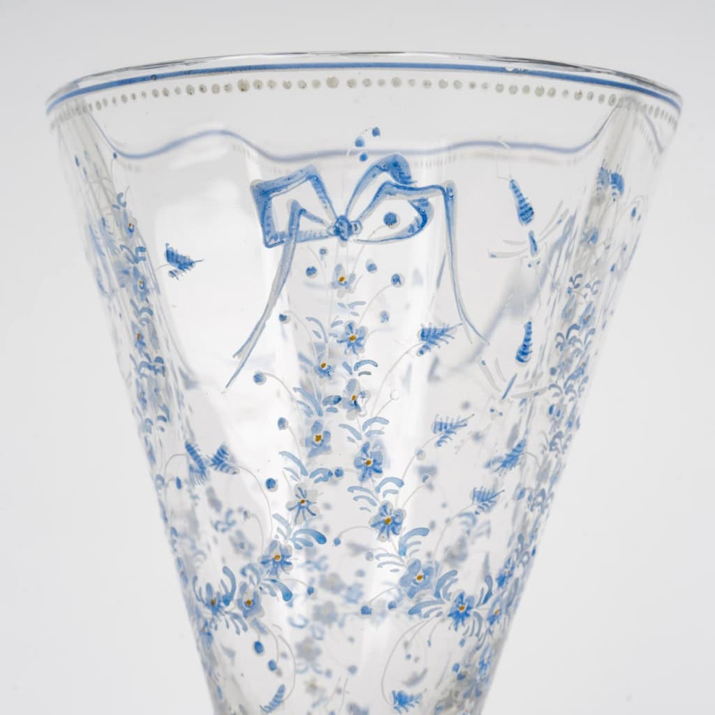 Emile Gallé – Vase Cornet Verre Emaillé Bleu Et Blanc Libellules Et Fleurs 9