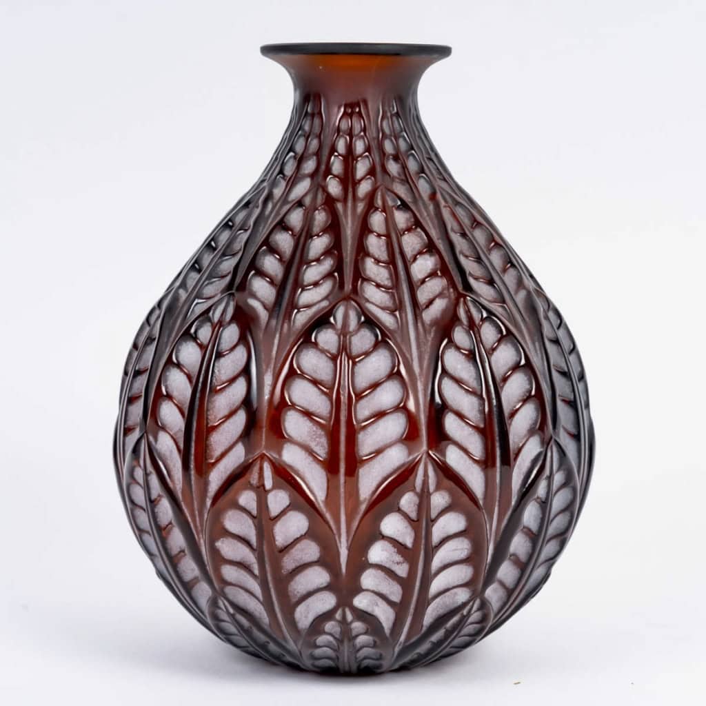 1924 René Lalique – Vase Malesherbes Verre Ambre Patiné Blanc 3