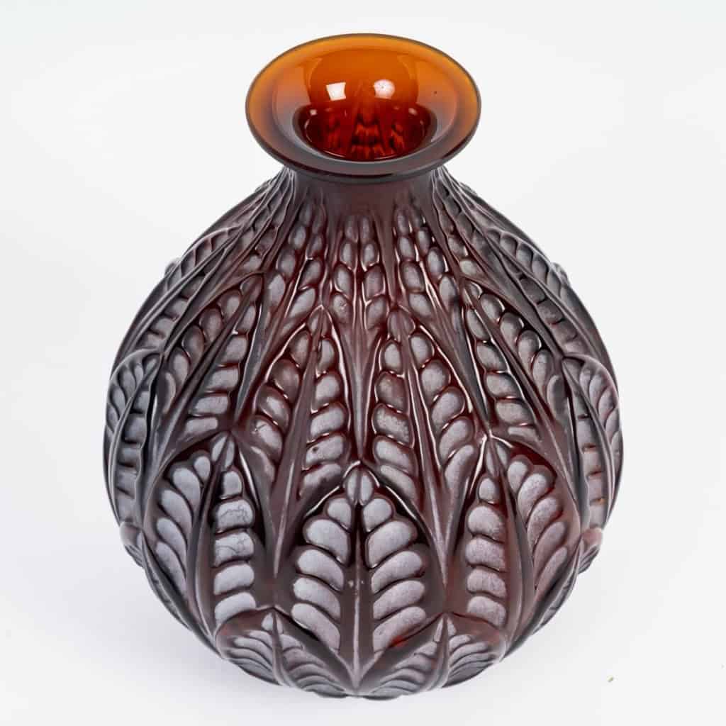 1924 René Lalique – Vase Malesherbes Verre Ambre Patiné Blanc 4