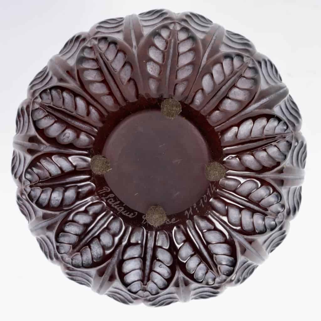 1924 René Lalique – Vase Malesherbes Verre Ambre Patiné Blanc 7