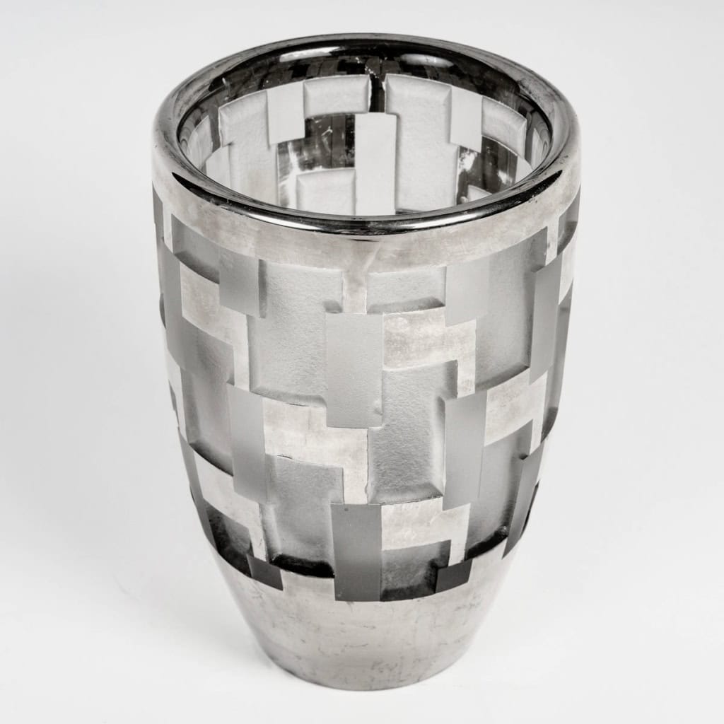 1930 Jean Luce – Vase Art Deco Moderniste Verre Blanc Emaillé Argent 4