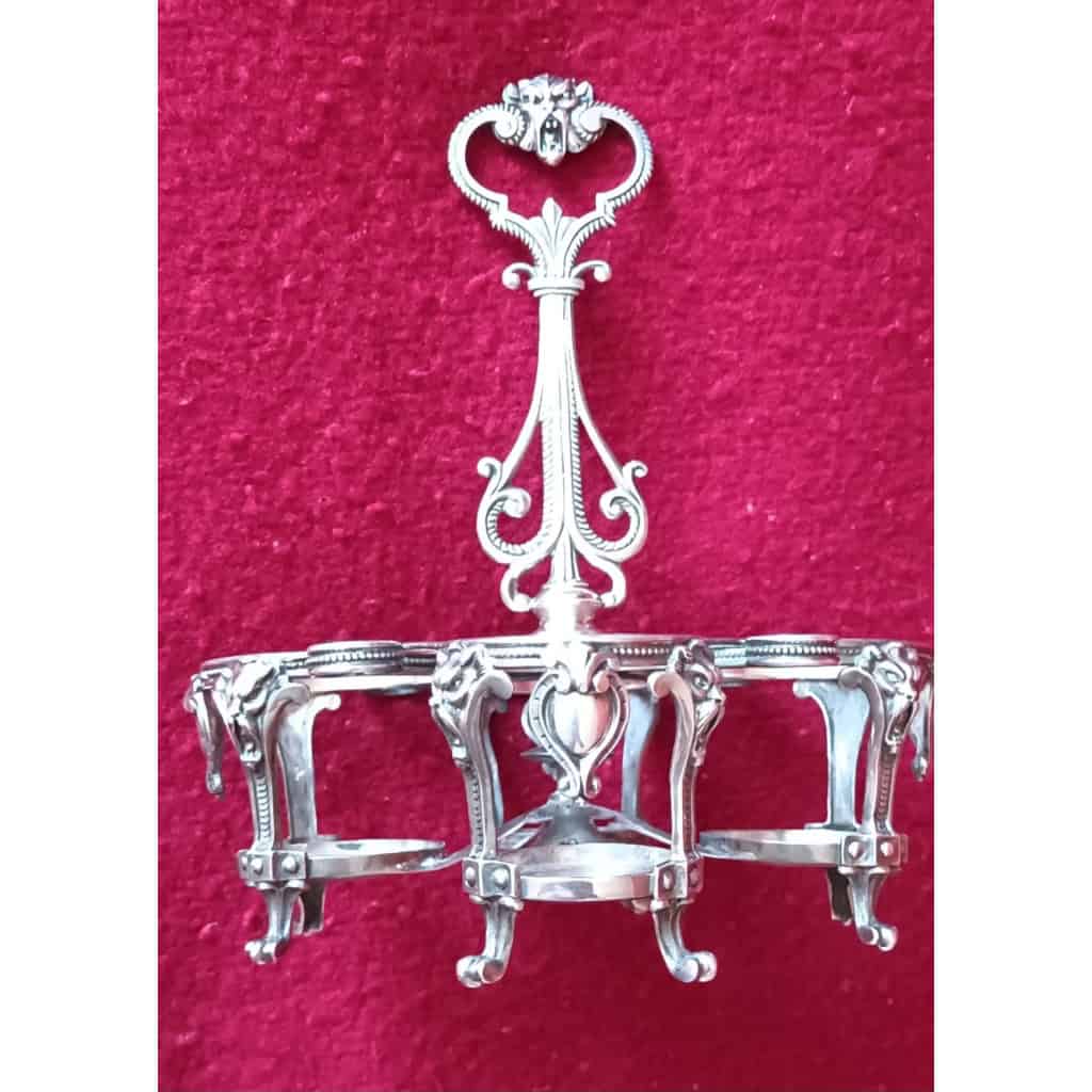 SERVITEUR DE TABLE EN ARGENT MASSIF GARNI DE FLACONS EN CRISTAL 12