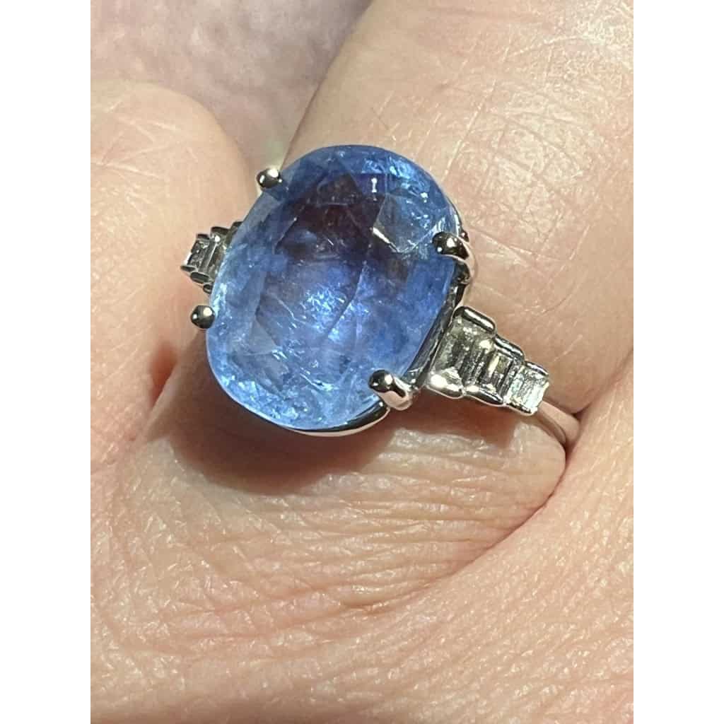 Bague Saphir De Ceylan Naturel De 6,54carats épaulé De Diamants » Baguette » 4