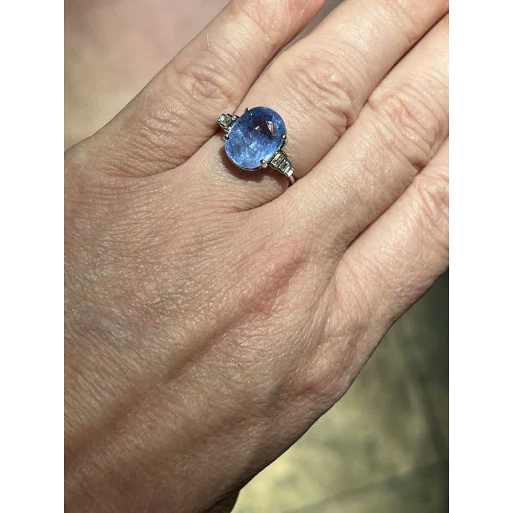 Bague Saphir De Ceylan Naturel De 6,54carats épaulé De Diamants” Baguette” 5