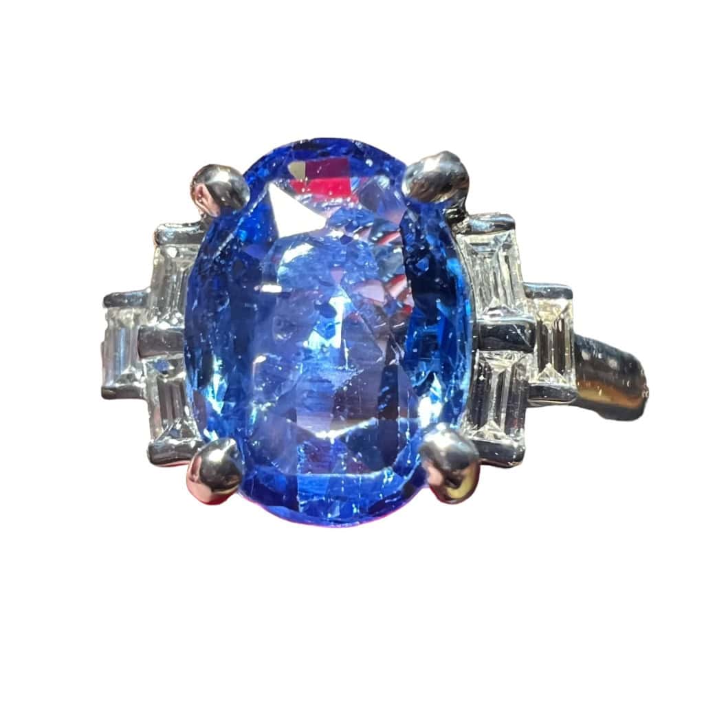 Bague Saphir De Ceylan 2.30 Ct Entouré Diamants Calibrés 8