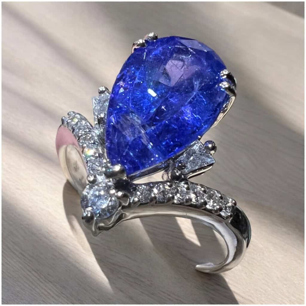 Tanzanite De 3.75 Cts Entourée De Diamants, Bague “diadème” Or Blanc 18 Ct 4