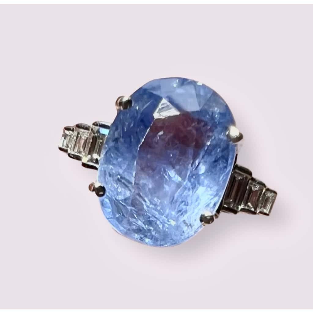 Bague Saphir De Ceylan Naturel De 6,54carats épaulé De Diamants” Baguette” 3