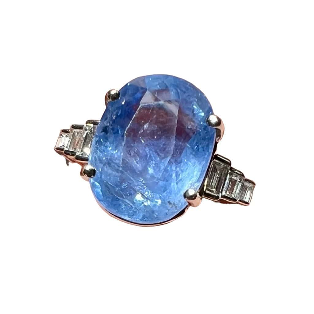 Bague Saphir De Ceylan Naturel De 6,54carats épaulé De Diamants » Baguette » 10