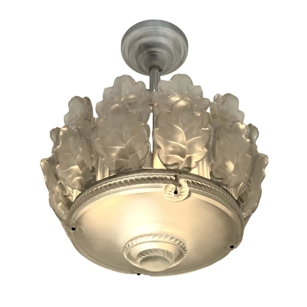 1951 Marc Lalique – Lustre Suspension Chêne Cristal Blanc 7