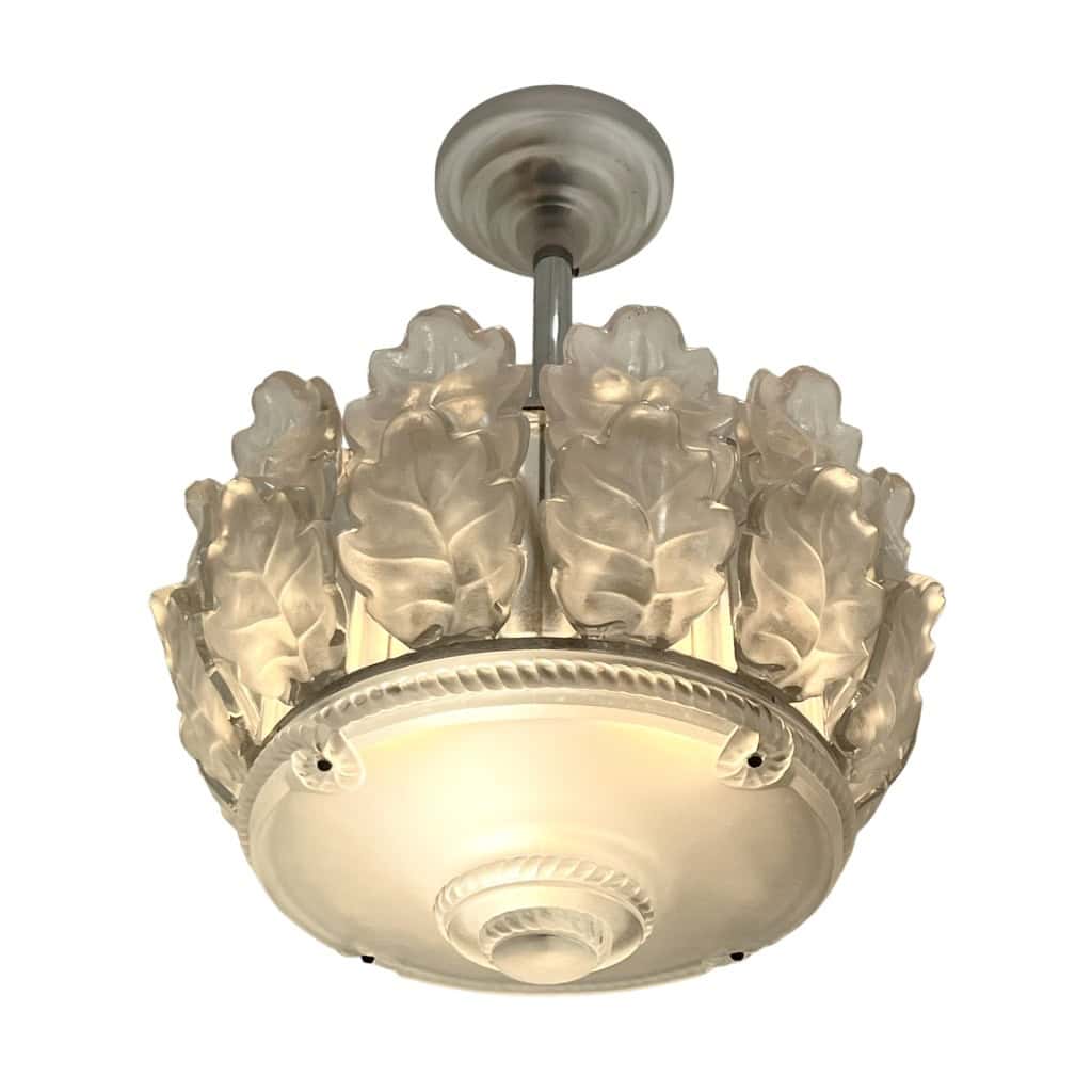 1951 Marc Lalique – Lustre Suspension Chêne Cristal Blanc 8