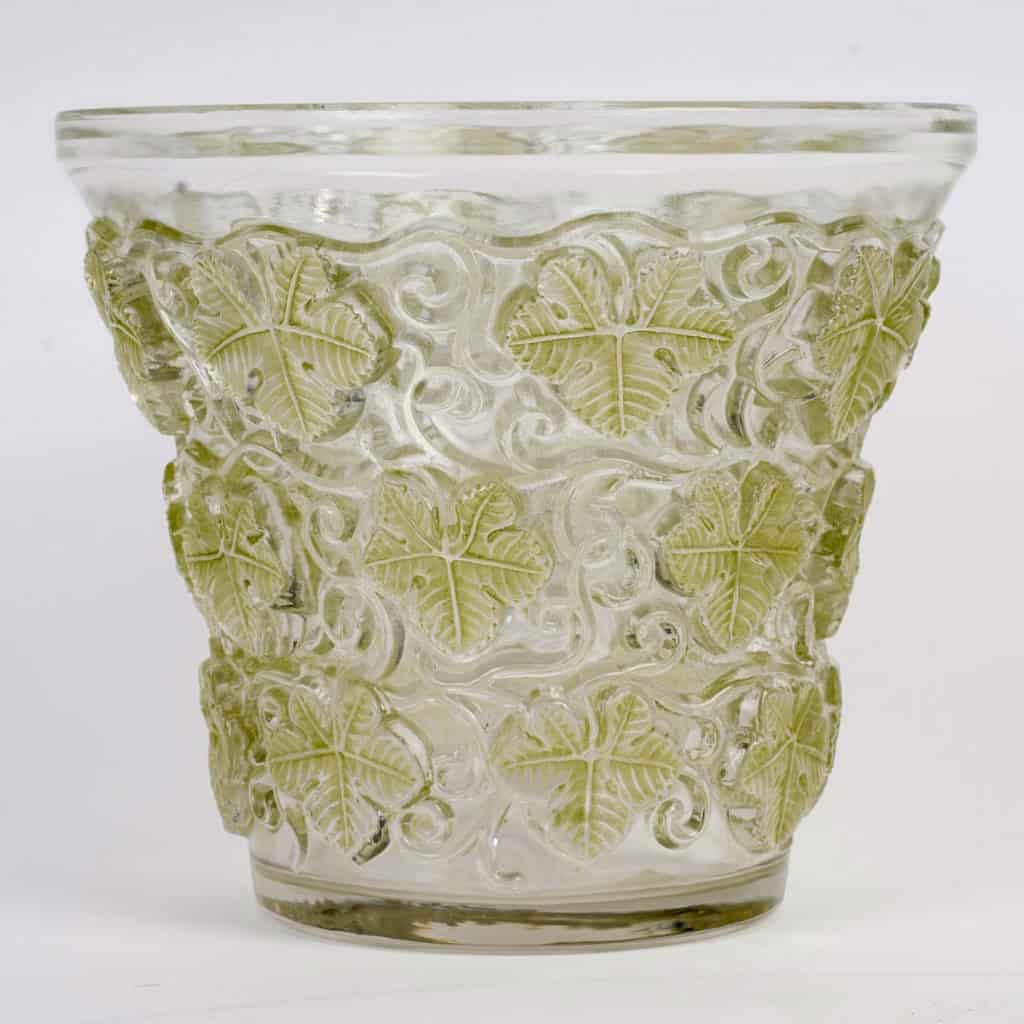 1938 René Lalique – Vase Seau à Champagne Reims Verre Blanc Patiné Vert 3