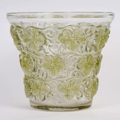 1938 René Lalique – Vase Seau à Champagne Reims Verre Blanc Patiné Vert