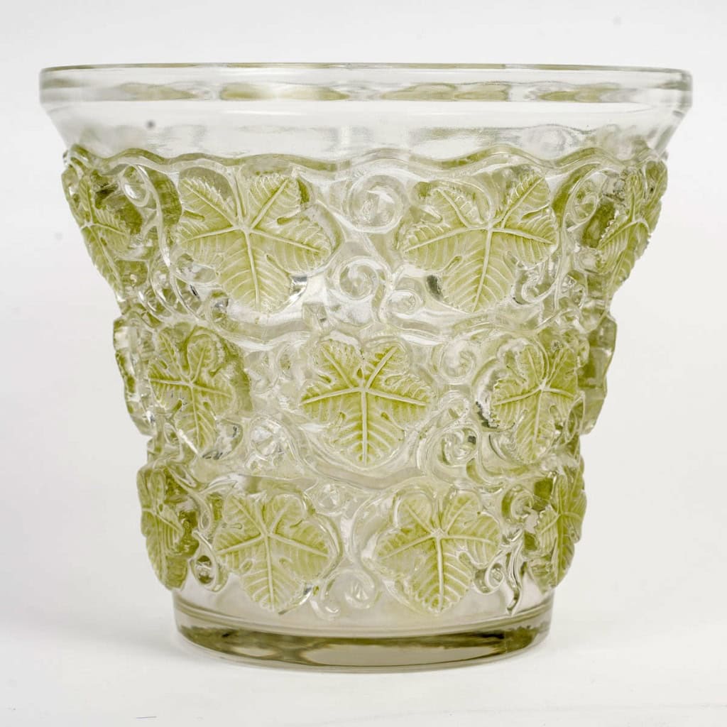 1938 René Lalique – Vase Seau à Champagne Reims Verre Blanc Patiné Vert 4