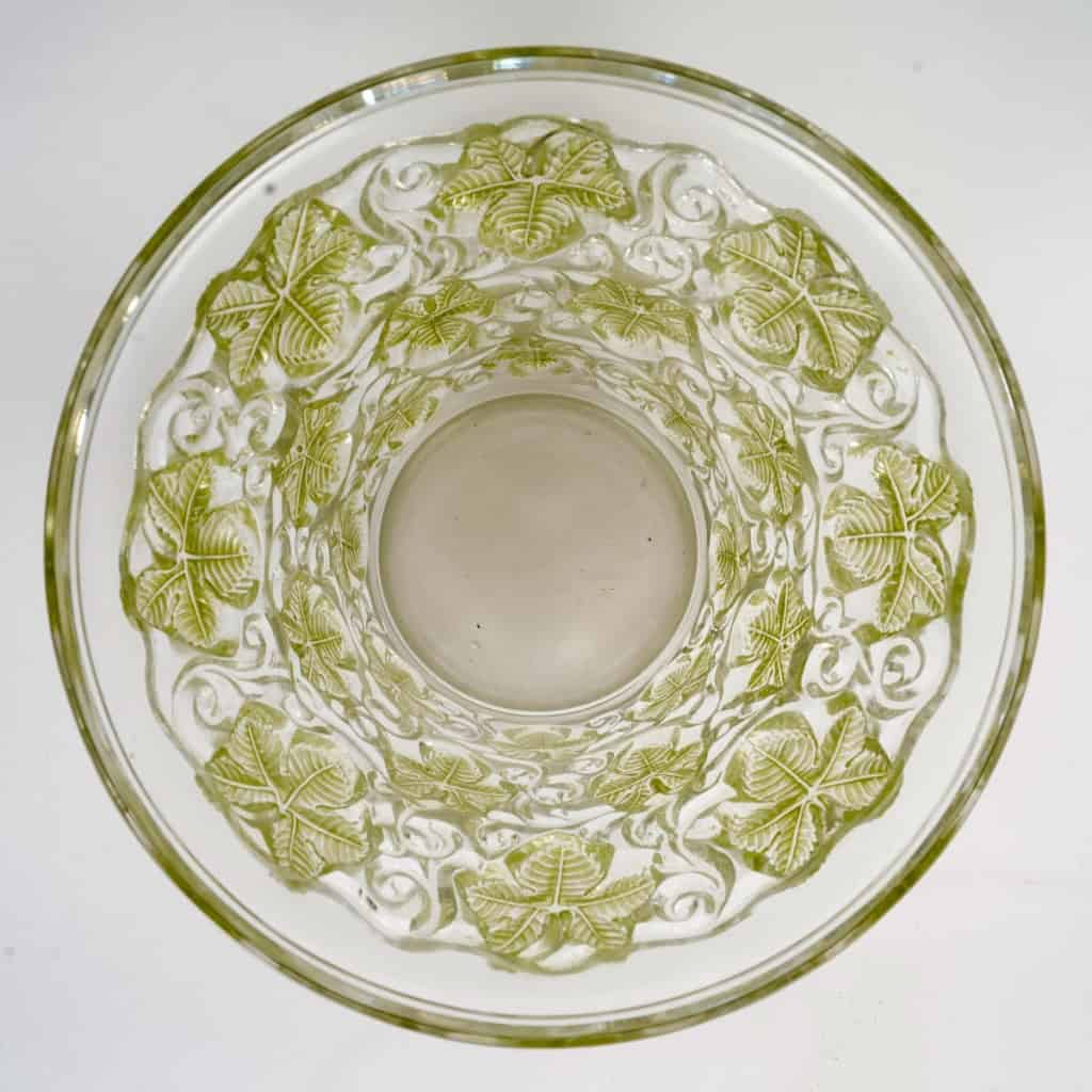 1938 René Lalique – Vase Seau à Champagne Reims Verre Blanc Patiné Vert 6