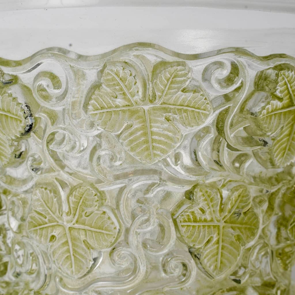 1938 René Lalique – Vase Seau à Champagne Reims Verre Blanc Patiné Vert 8