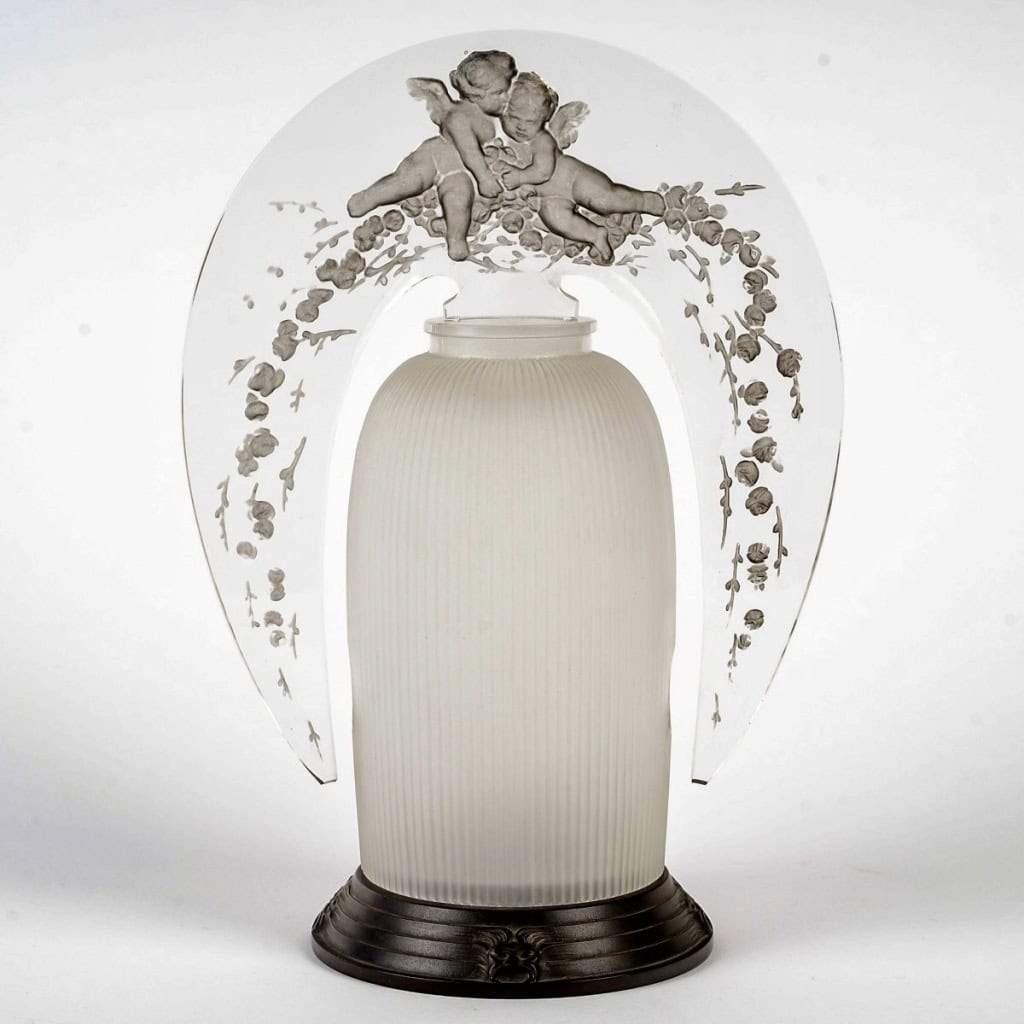 1920 René Lalique – Lampe Veilleuse Amours Verre Blanc Patiné Gris 3