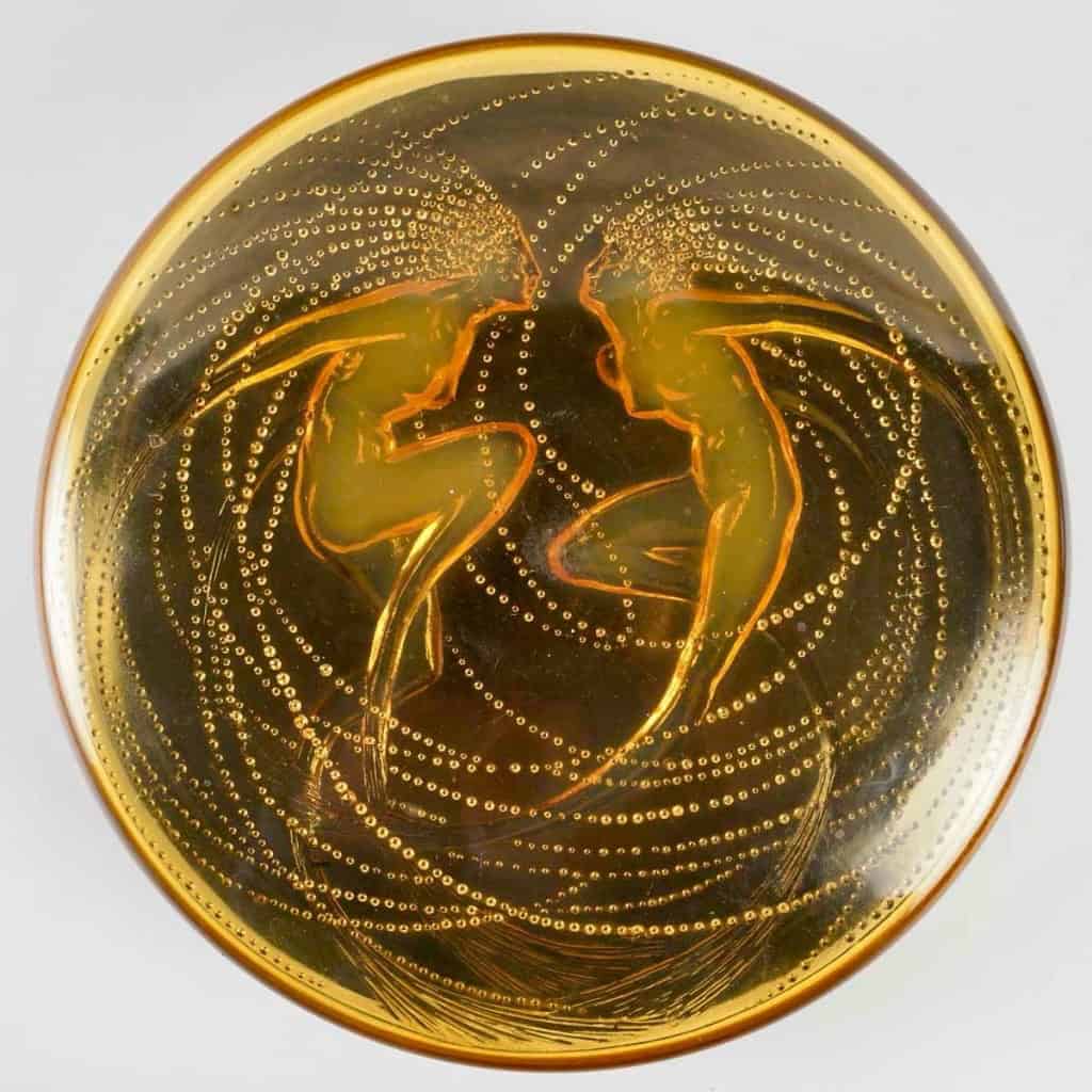 1921 René Lalique – Boîte Deux Sirènes Verre Orange Opalescent 4