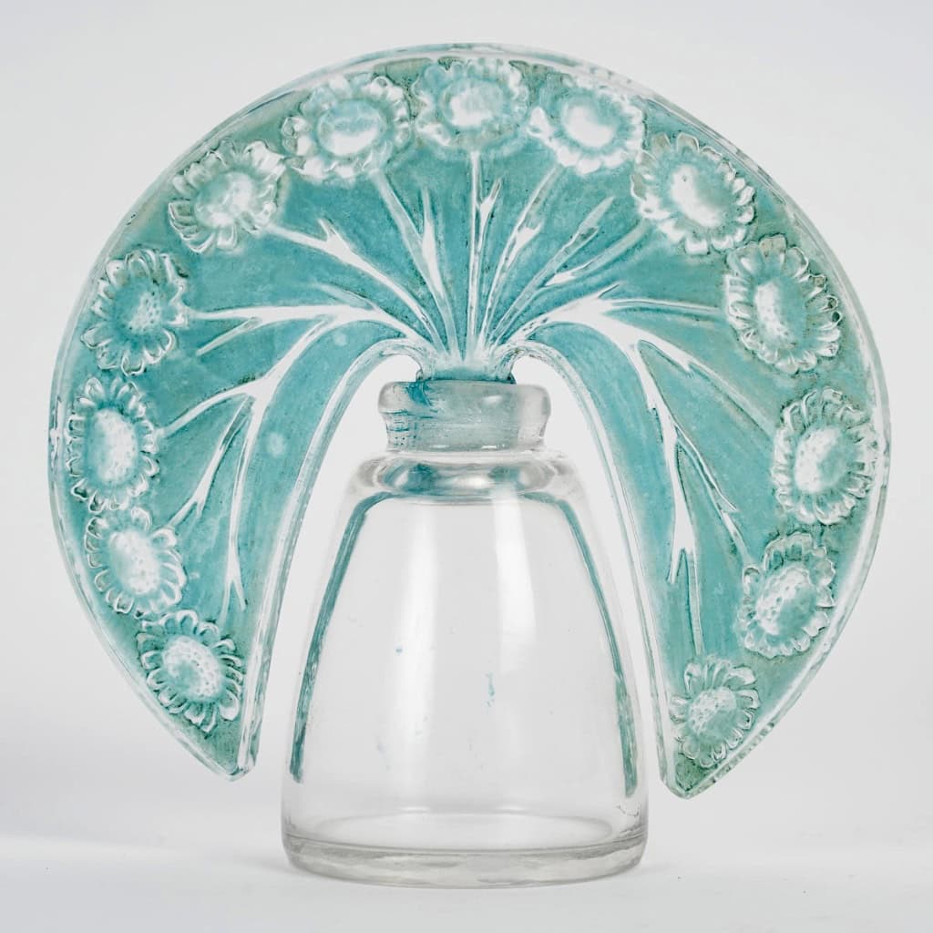 1913 René Lalique – Flacon Pâquerettes Verre Blanc Patiné Bleu Turquoise Pour Roger Et Gallet 3