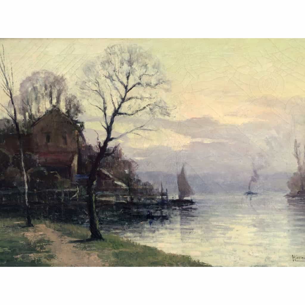 HENOCQUE Narcisse Peinture 20è siècle Les Bords De Seine à Rouen Huile Toile Signée Certificat d’authenticité 10