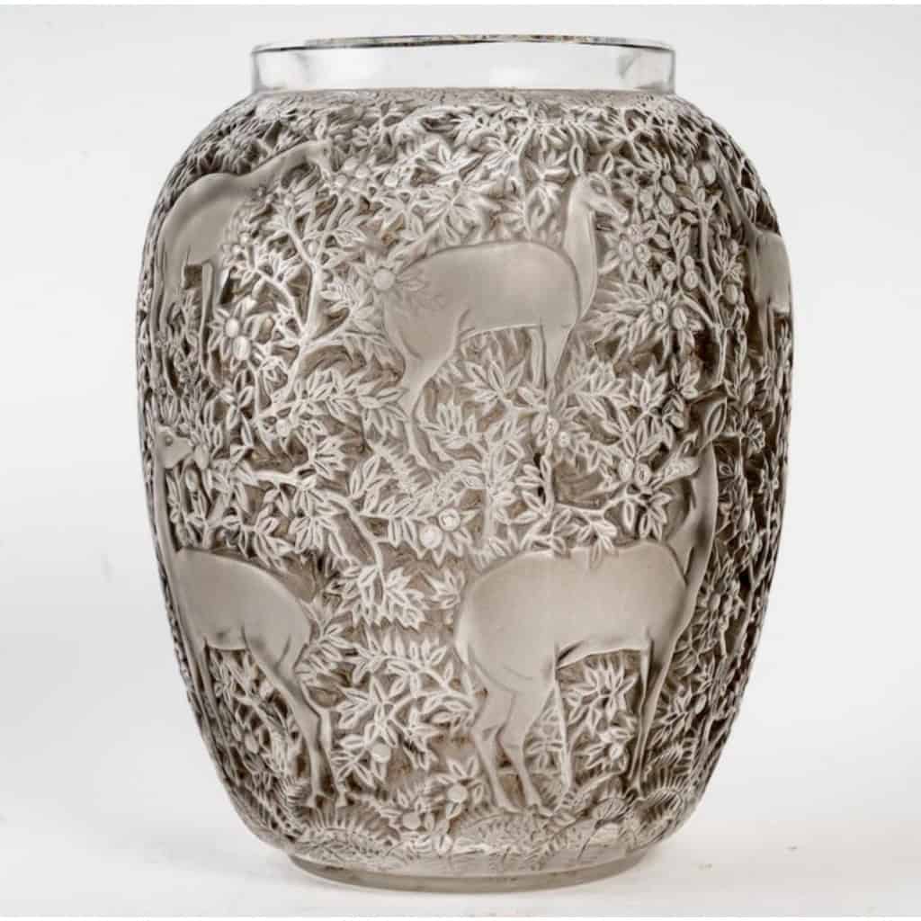 1932 René Lalique – Vase Biches Verre Blanc Patiné Gris 4