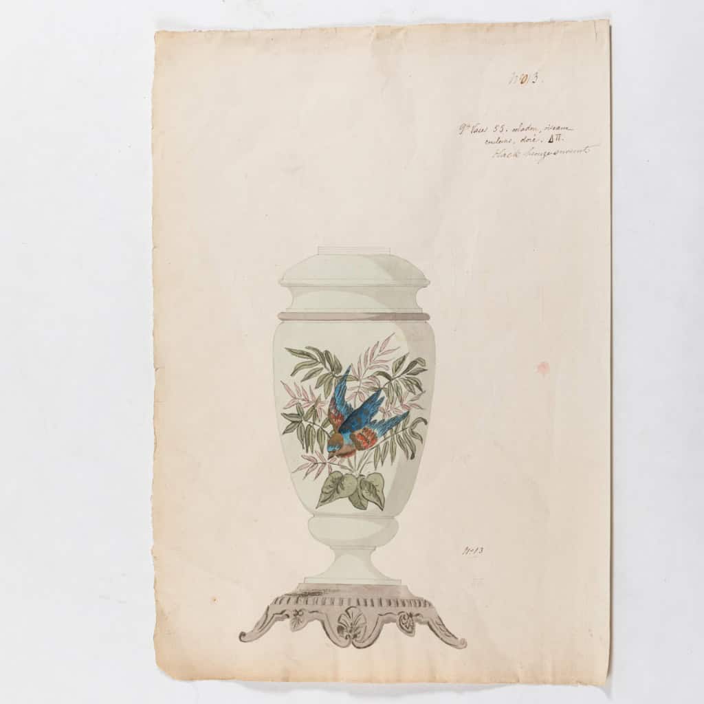 Série d’aquarelles et dessins de vases d’une manufacture, XIXe 12