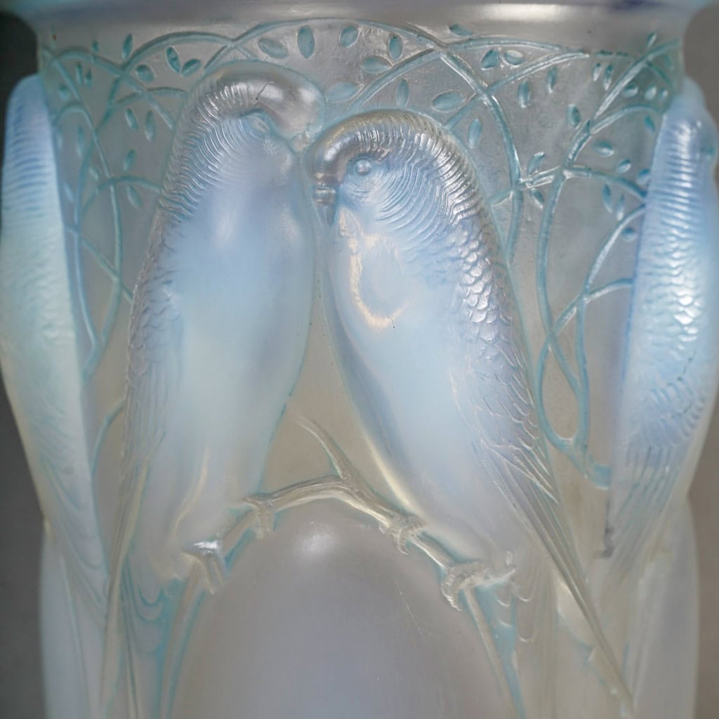 1924 René Lalique – Vase Ceylan Verre Opalescent Patiné Bleu 7