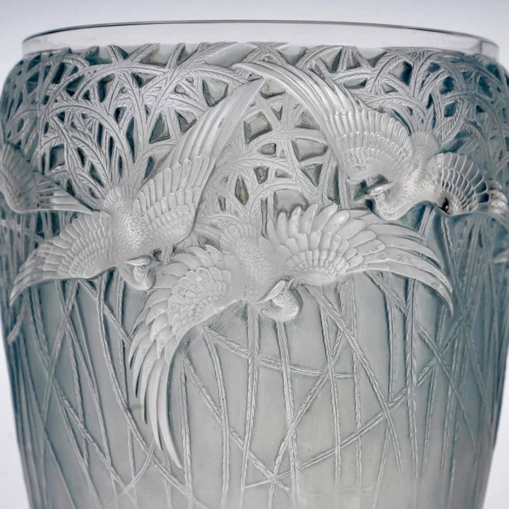 1926 René Lalique – Vase Aigrettes Verre Blanc Patiné Bleu 6