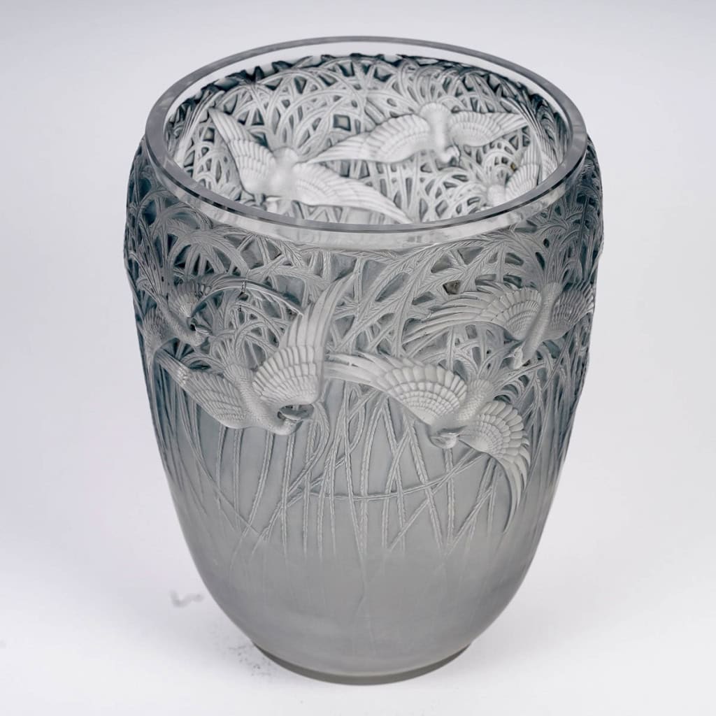 1926 René Lalique – Vase Aigrettes Verre Blanc Patiné Bleu 5