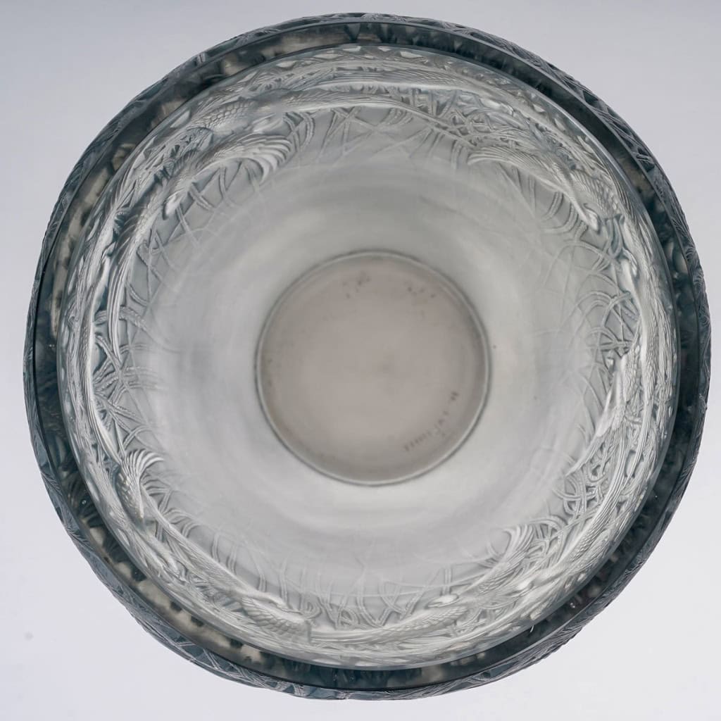 1926 René Lalique – Vase Aigrettes Verre Blanc Patiné Bleu 8