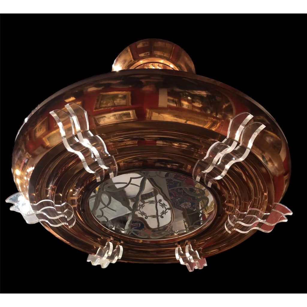 Lustre Art Déco en métal cuivré pendeloques 6 lumières années 1950 13