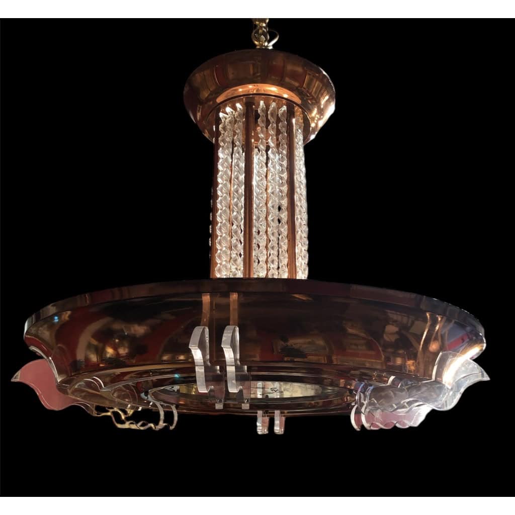 Lustre Art Déco en métal cuivré pendeloques 6 lumières années 1950 10