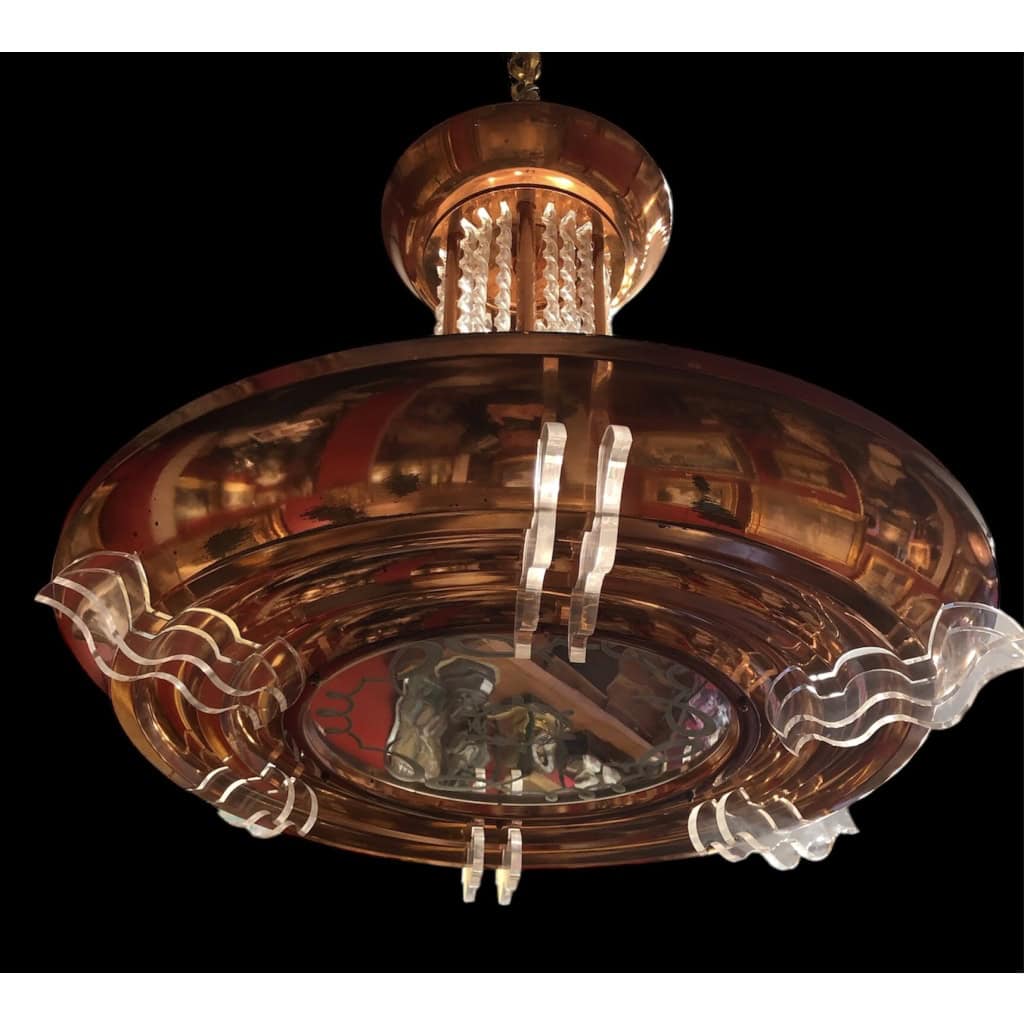 Lustre Art Déco en métal cuivré pendeloques 6 lumières années 1950 8