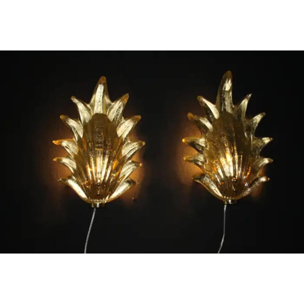 Paire d’appliques de style Barovier en verre de Murano doré avec feuilles et laiton 12