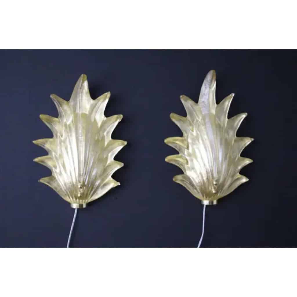 Paire d’appliques de style Barovier en verre de Murano doré avec feuilles et laiton 14