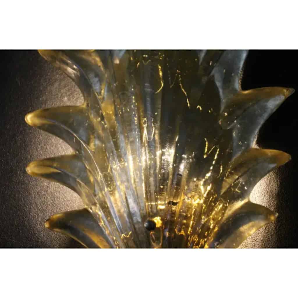 Paire d’appliques de style Barovier en verre de Murano doré avec feuilles et laiton 15