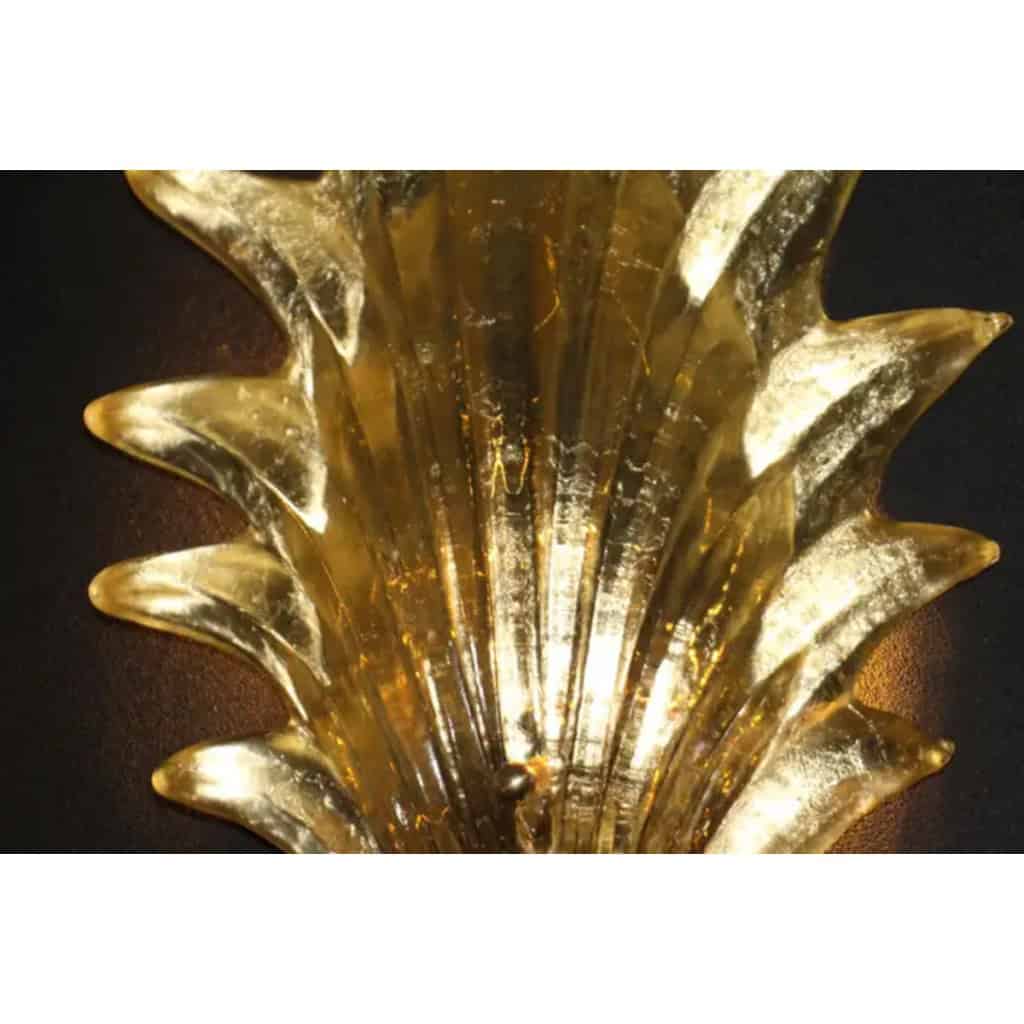 Paire d’appliques de style Barovier en verre de Murano doré avec feuilles et laiton 16