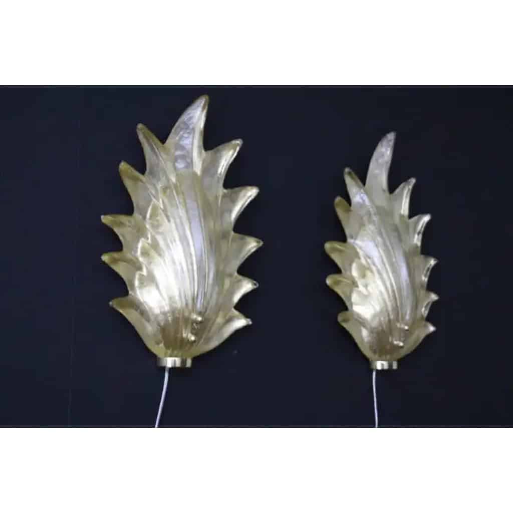 Paire d’appliques de style Barovier en verre de Murano doré avec feuilles et laiton 5