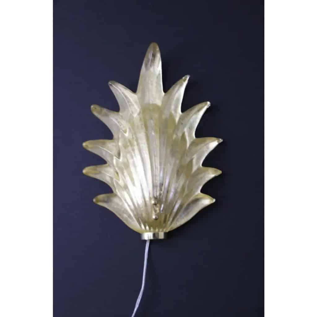 Paire d’appliques de style Barovier en verre de Murano doré avec feuilles et laiton 7