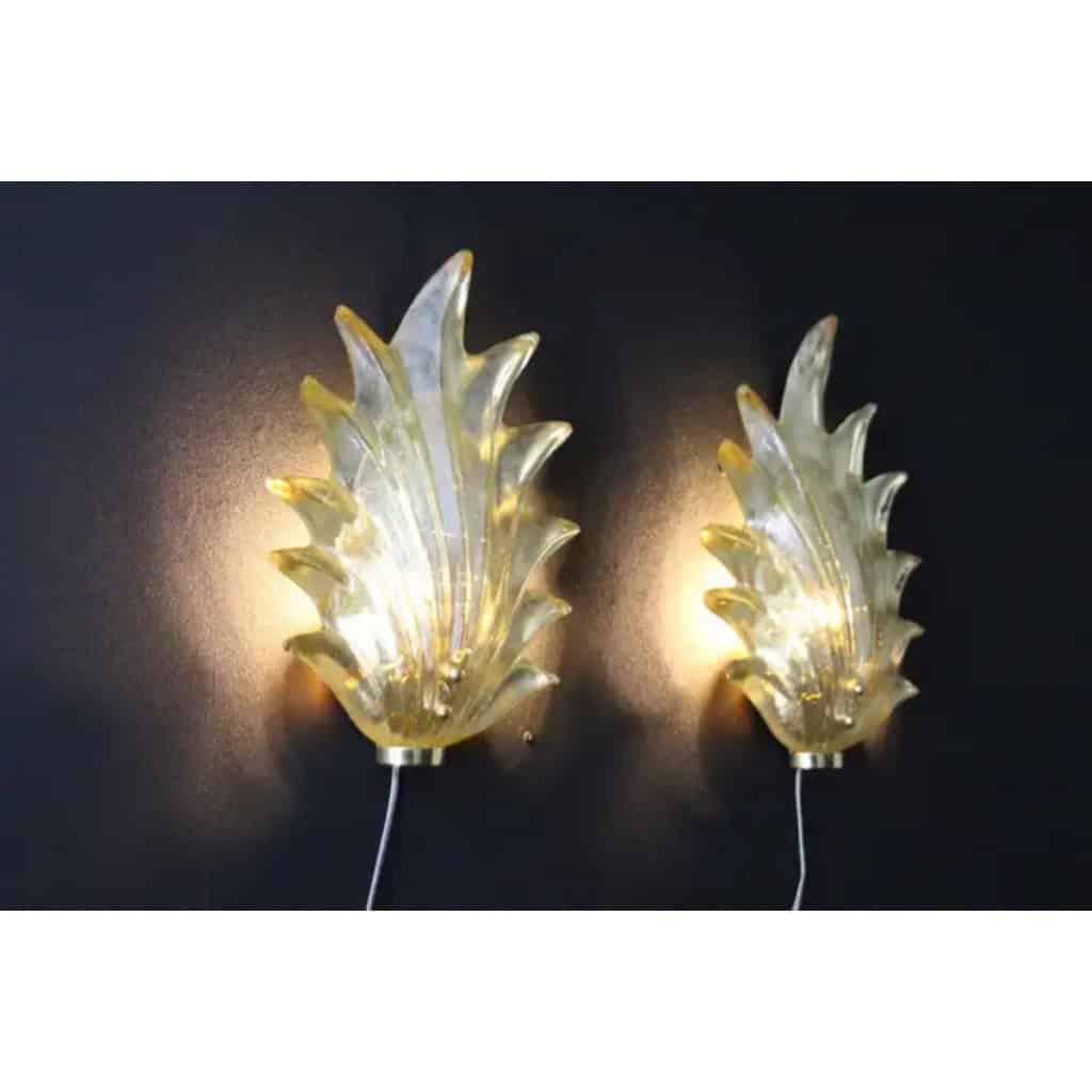 Paire d’appliques de style Barovier en verre de Murano doré avec feuilles et laiton 11