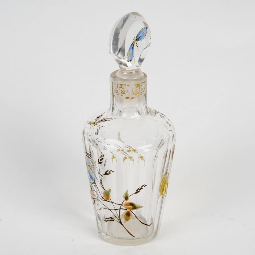 Emile Gallé – Flacon Cristallerie Verre Libellule Abeilles Et Fleurs Emaillées 5