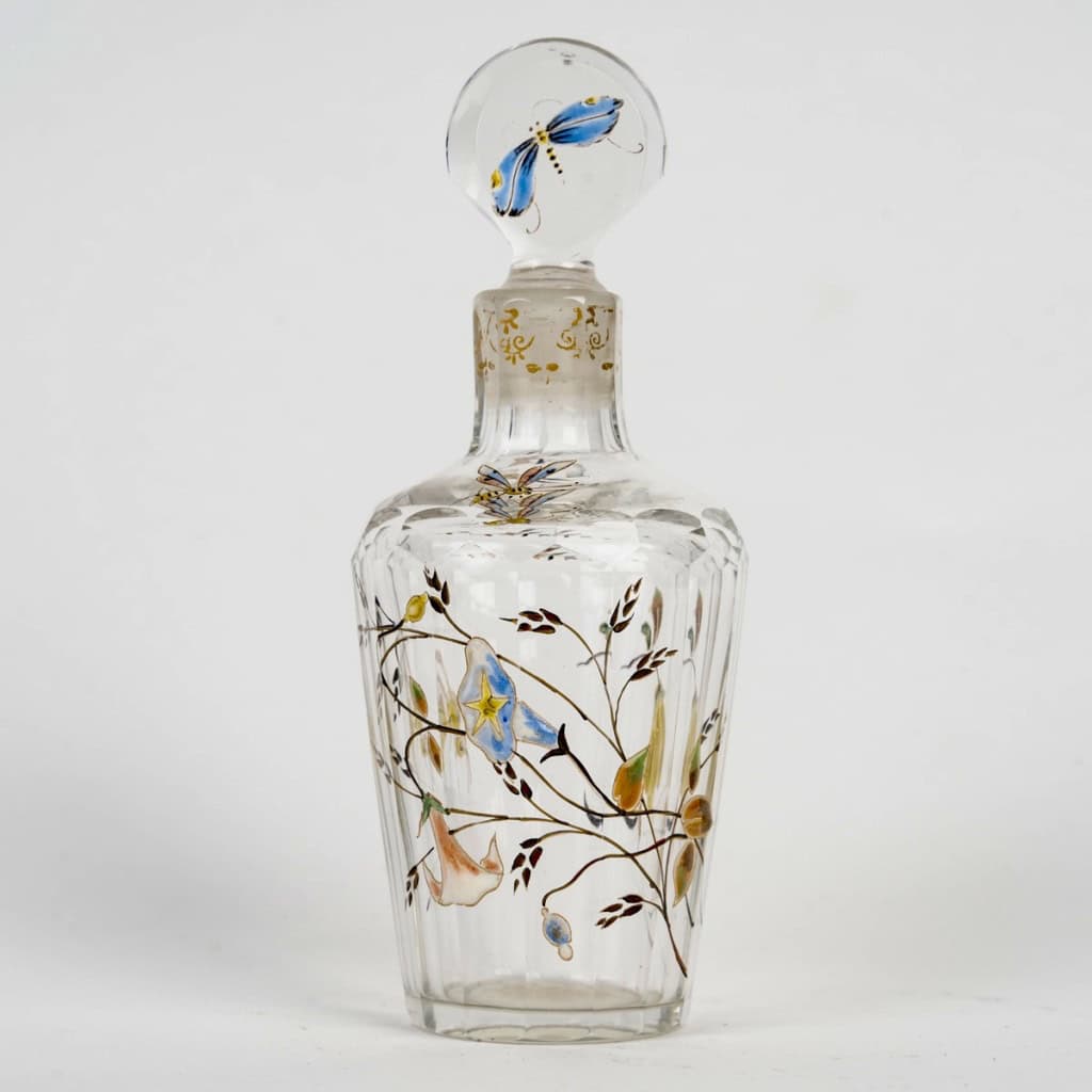 Emile Gallé – Flacon Cristallerie Verre Libellule Abeilles Et Fleurs Emaillées 3