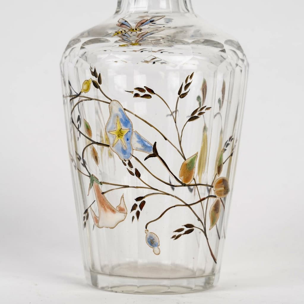 Emile Gallé – Flacon Cristallerie Verre Libellule Abeilles Et Fleurs Emaillées 7