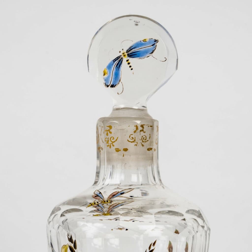 Emile Gallé – Flacon Cristallerie Verre Libellule Abeilles Et Fleurs Emaillées 12