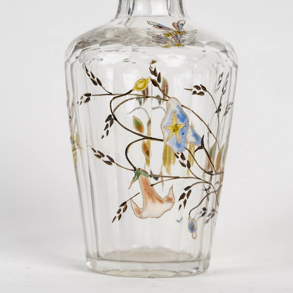 Emile Gallé – Flacon Cristallerie Verre Libellule Abeilles Et Fleurs Emaillées 9