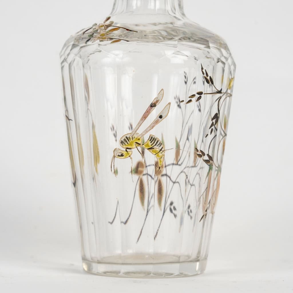 Emile Gallé – Flacon Cristallerie Verre Libellule Abeilles Et Fleurs Emaillées 10